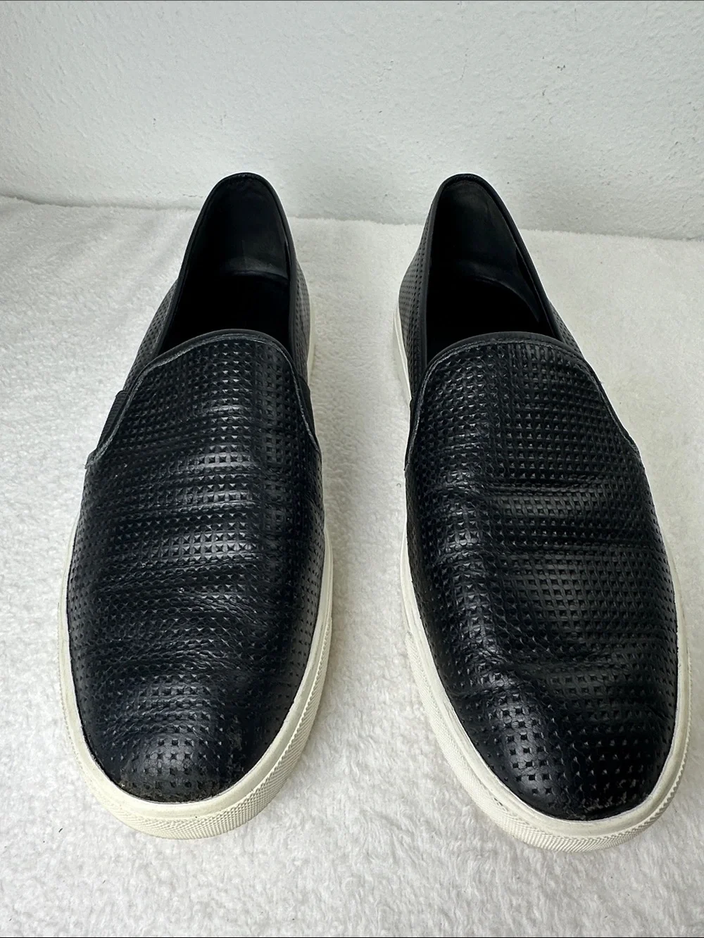 Vince Blair Black Perforated Leather Slip-On Sneakers with White Comfort Sole 8 - Picture 2 of 16